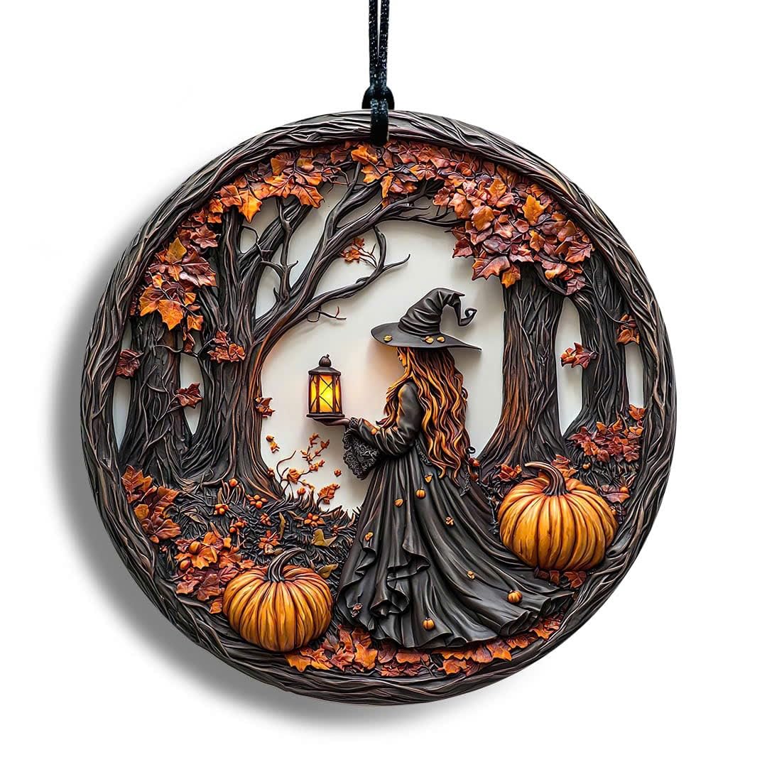 Halloween Stained Glass Window Ornament, Witch Scene with Pumpkins, Acrylic Hanging Suncatcher, Round Wall Art Decor, Witchy Ornament for Home Friends and Family (Two Girls)